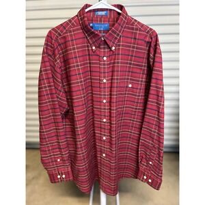 Towncraft Button Down Men XL Red Plaid Long Sleeve Wrinkle Free Stain Release